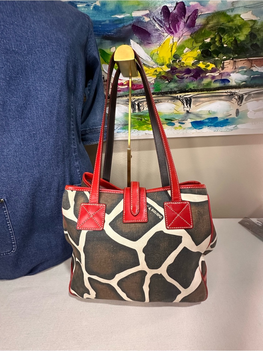 Dooney & Bourke Red-Trim Giraffe Print Canvas Tote Vintage - Picture 2 of 16